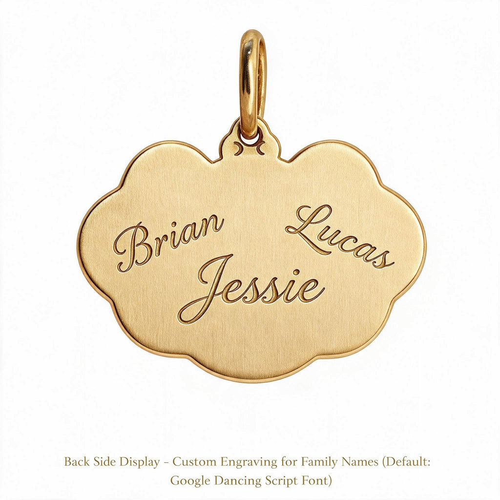 Back of a gold-tone keepsake pendant engraved with the script names Brian, Lucas and Jessie.
