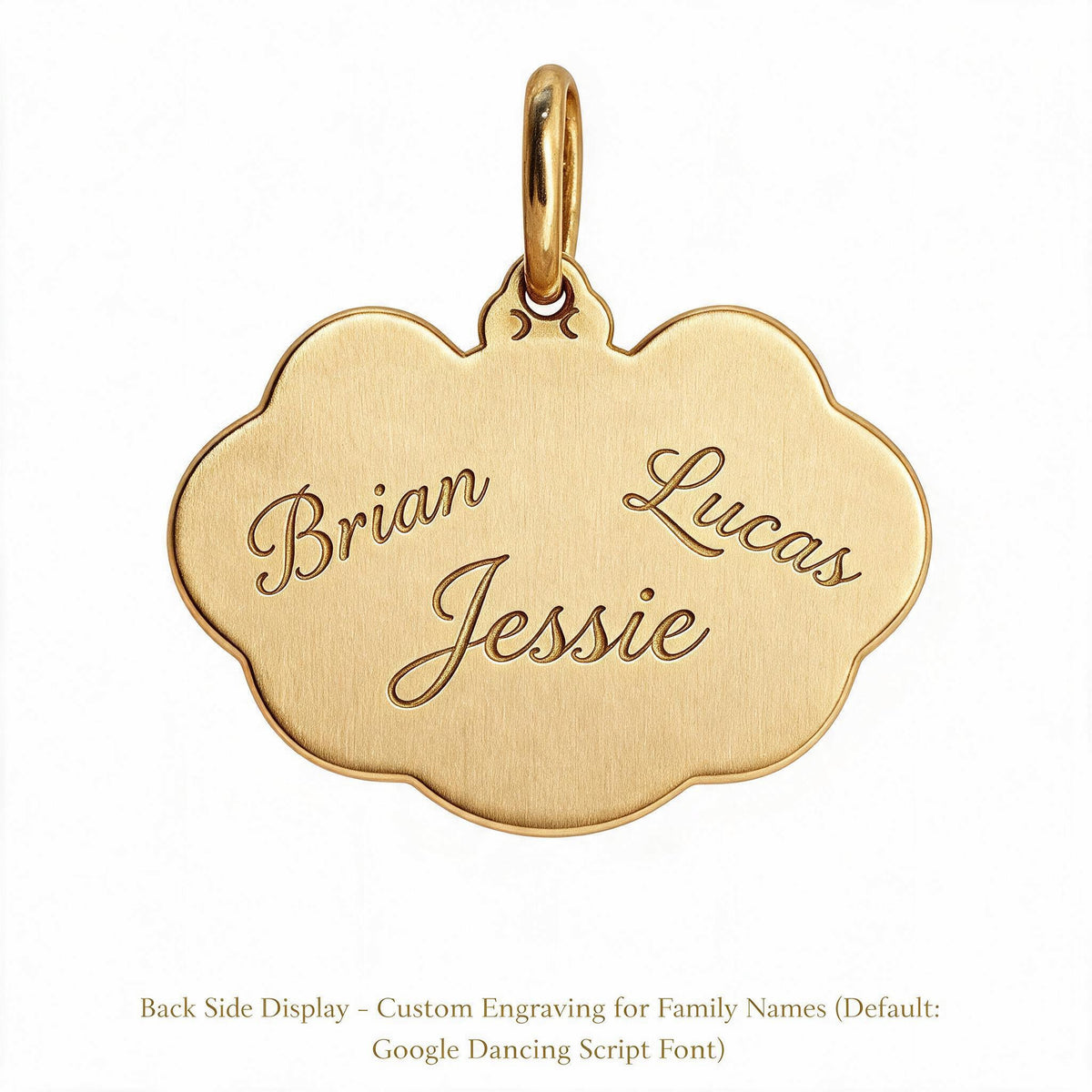 Back of a gold-tone keepsake pendant engraved with the script names Brian, Lucas and Jessie.