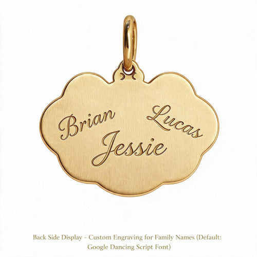 Back of a gold-tone keepsake pendant engraved with the script names Brian, Lucas and Jessie.