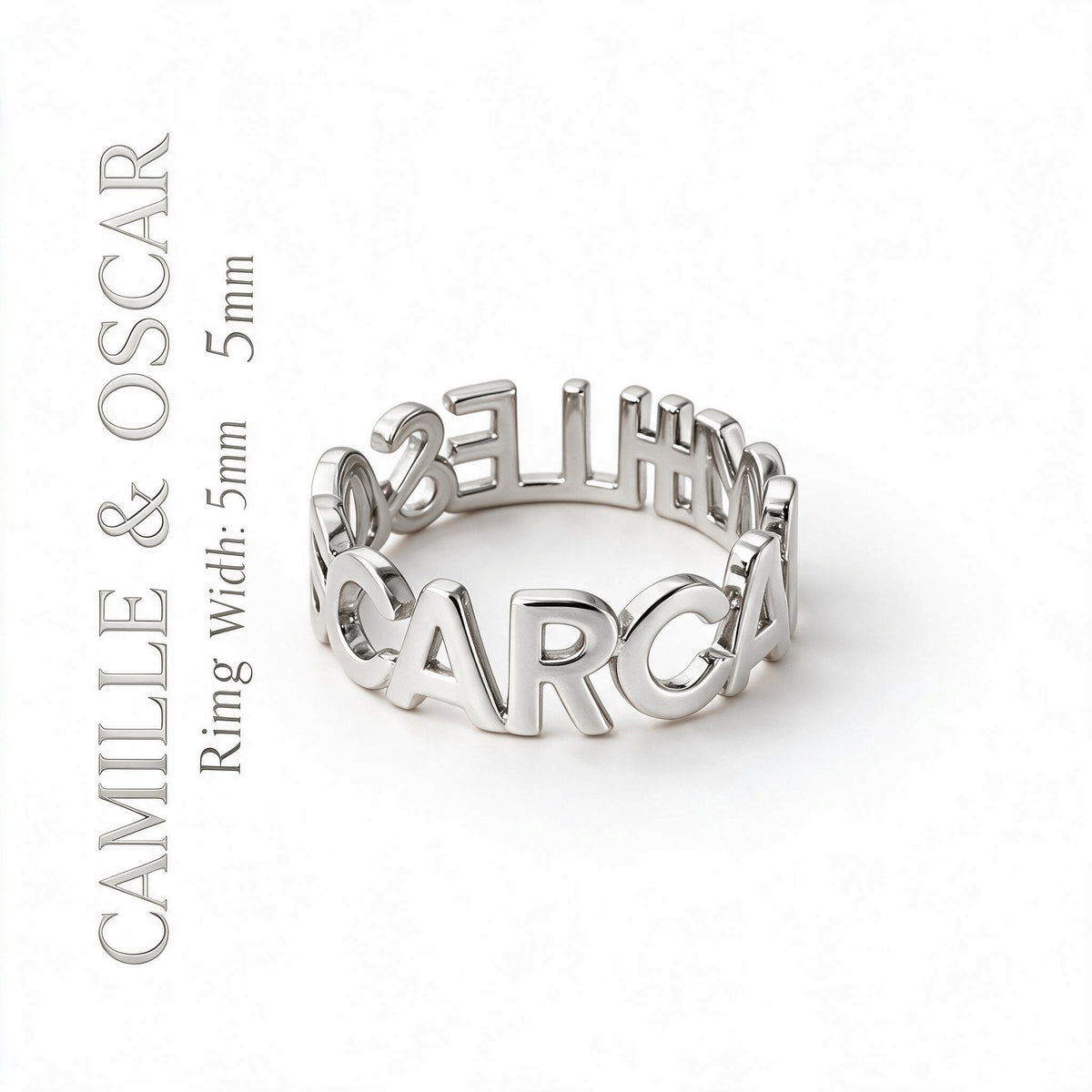 Silver-tone cutout name loop ring showing its continuous letter design and 5 mm width label.