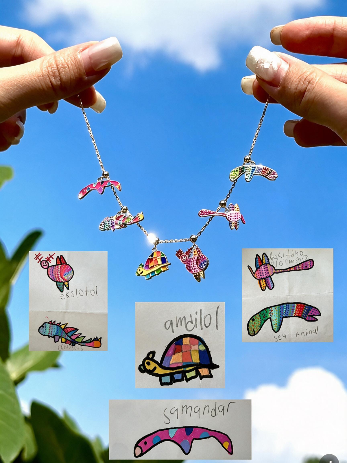Hands holding a colorful drawing charm bracelet against the sky, with the source doodles below.