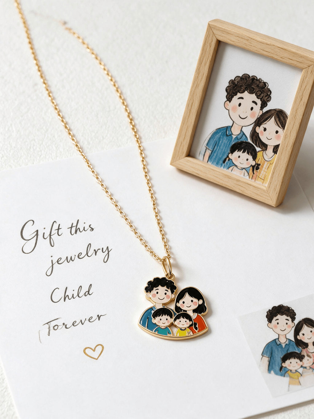 Family portrait keepsake necklace displayed beside the drawing that inspired the pendant.