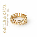 Close-up of a gold-tone cutout name loop ring showing its continuous letter design and 5 mm width label.