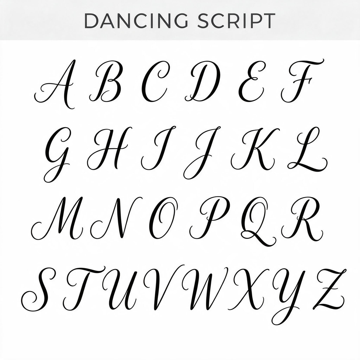 Dancing Script uppercase alphabet from A to Z for choosing an engraved initial.