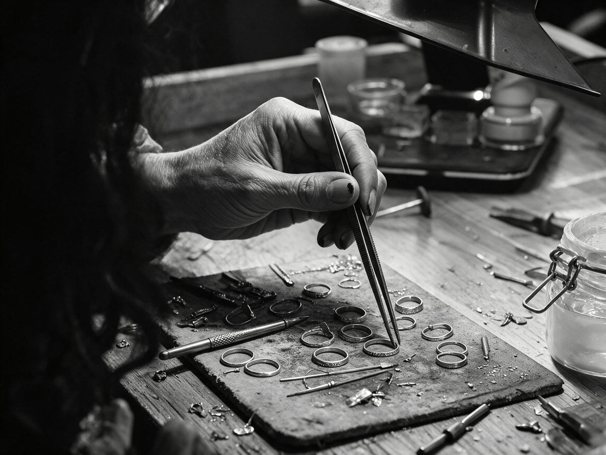 Black-and-white workshop scene showing hands working on rings at a jewelry bench.