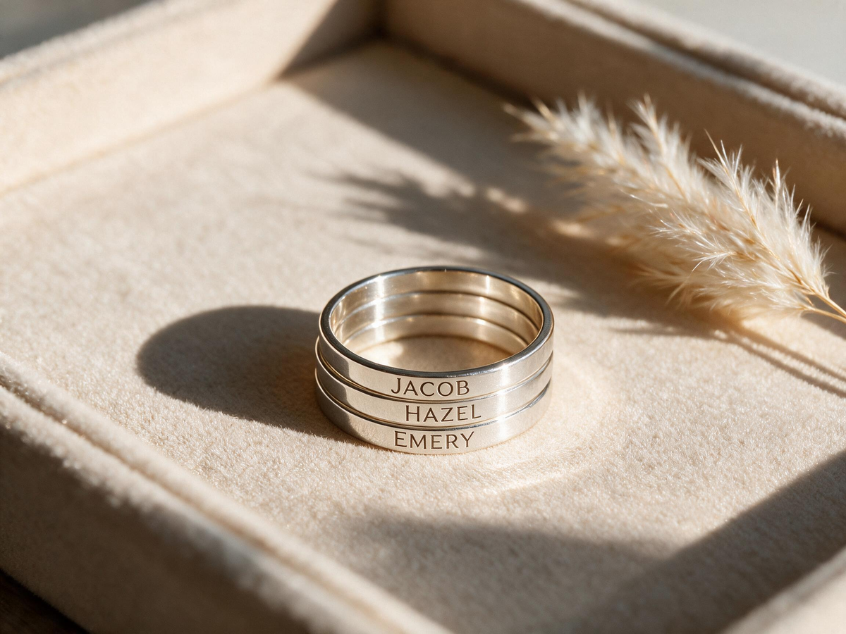 Three silver-tone name rings stacked together on a cream jewelry tray.