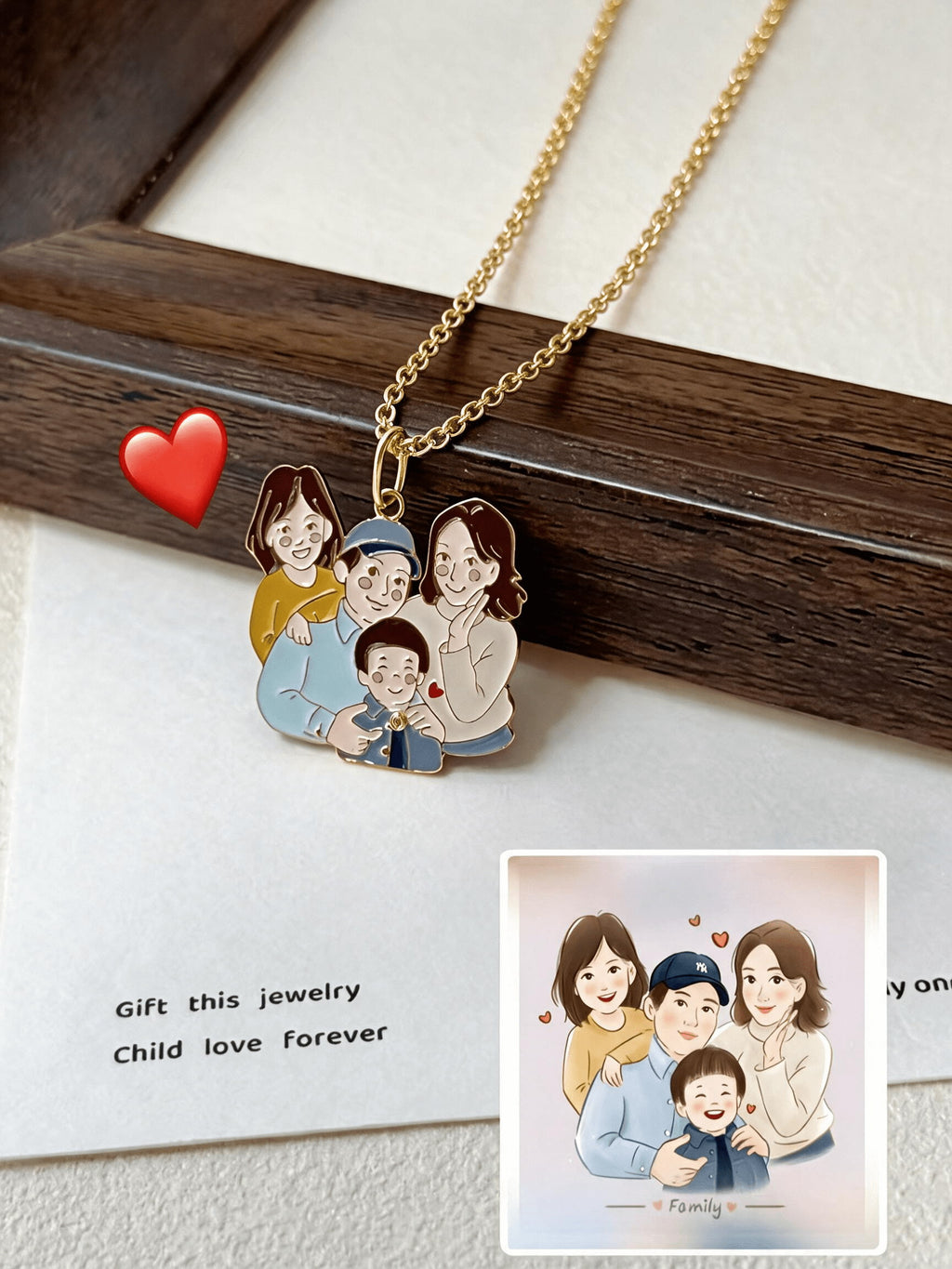 Enamel family portrait pendant on a gold-tone chain, with the original illustration shown below.