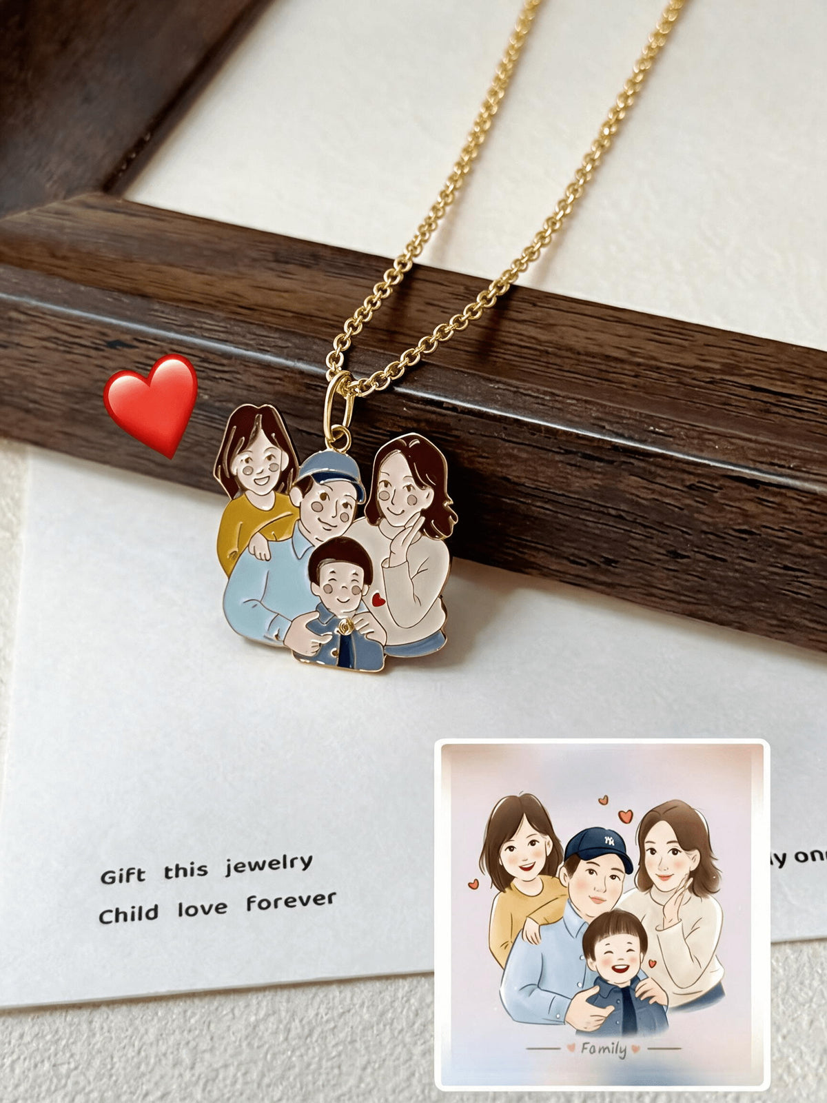Enamel family portrait pendant on a gold-tone chain, with the original illustration shown below.