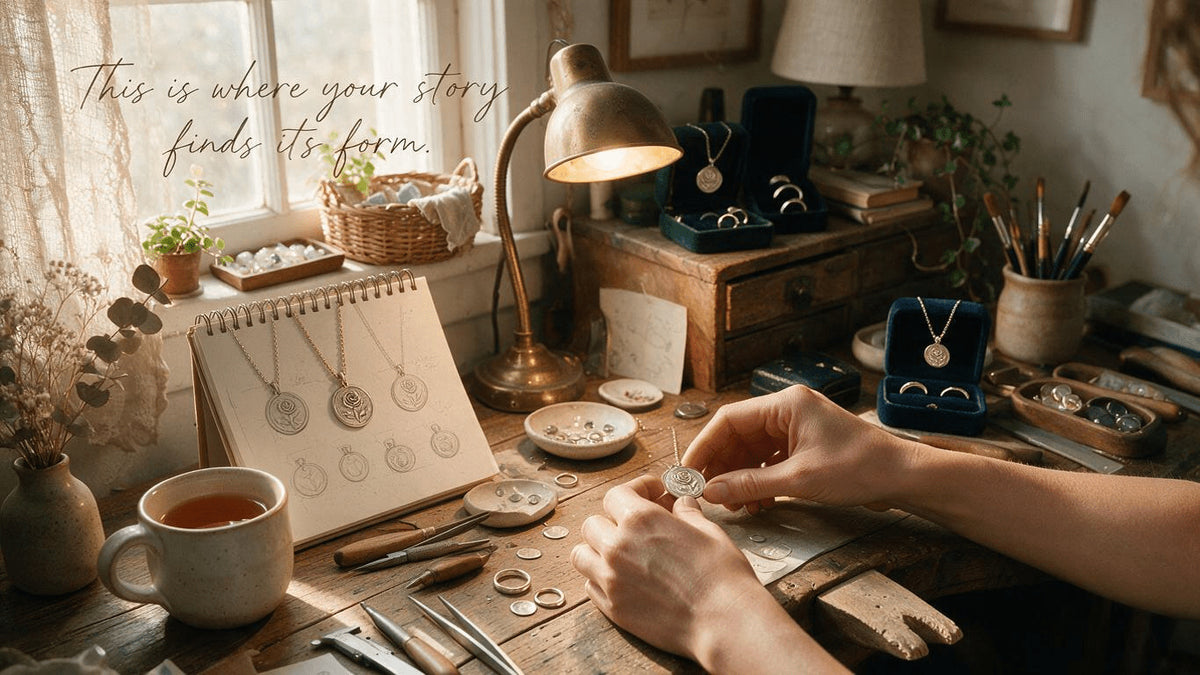 Hands working on a small jewelry piece at a bench with tools, sketches and displayed necklaces.