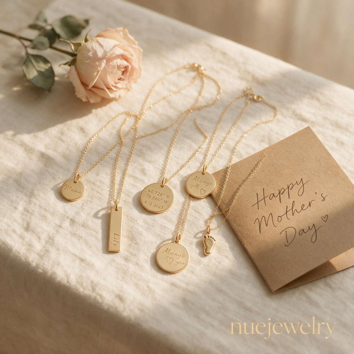 Gold-tone keepsake necklaces beside a rose and a handwritten Mother's Day card.