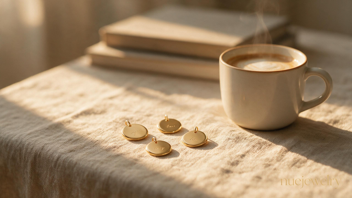Small gold-tone pendants on a linen-covered table beside a cup of coffee.