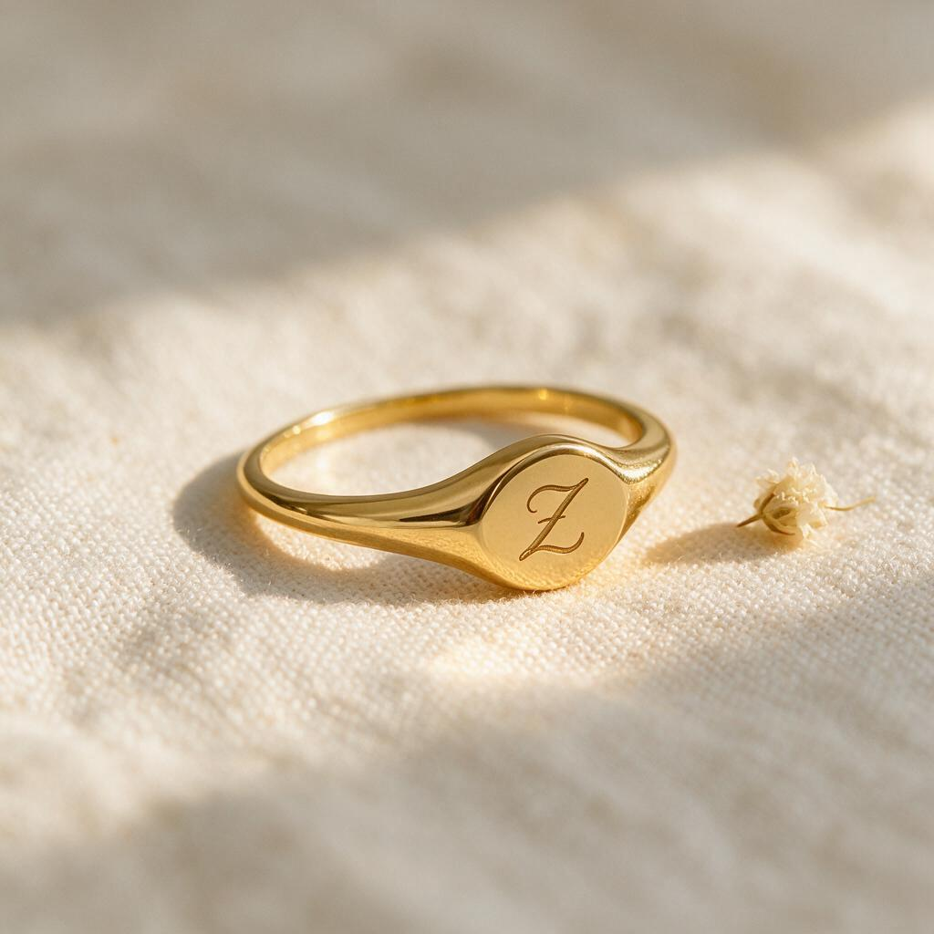 Gold-tone Z signet ring resting on cream fabric in warm light.