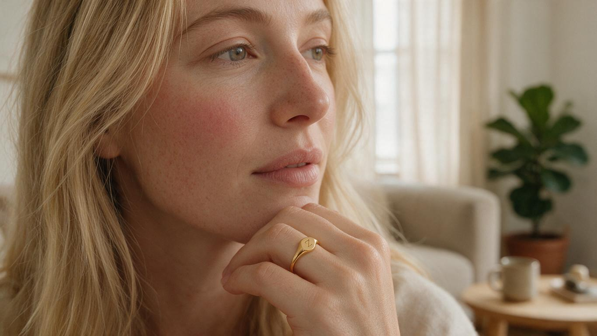 Woman wearing a gold-tone initial signet ring with her hand resting below her chin.