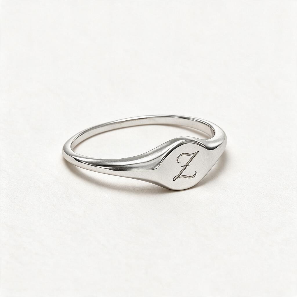 Silver-tone initial signet ring with a script Z on its curved face, shown at an angle.