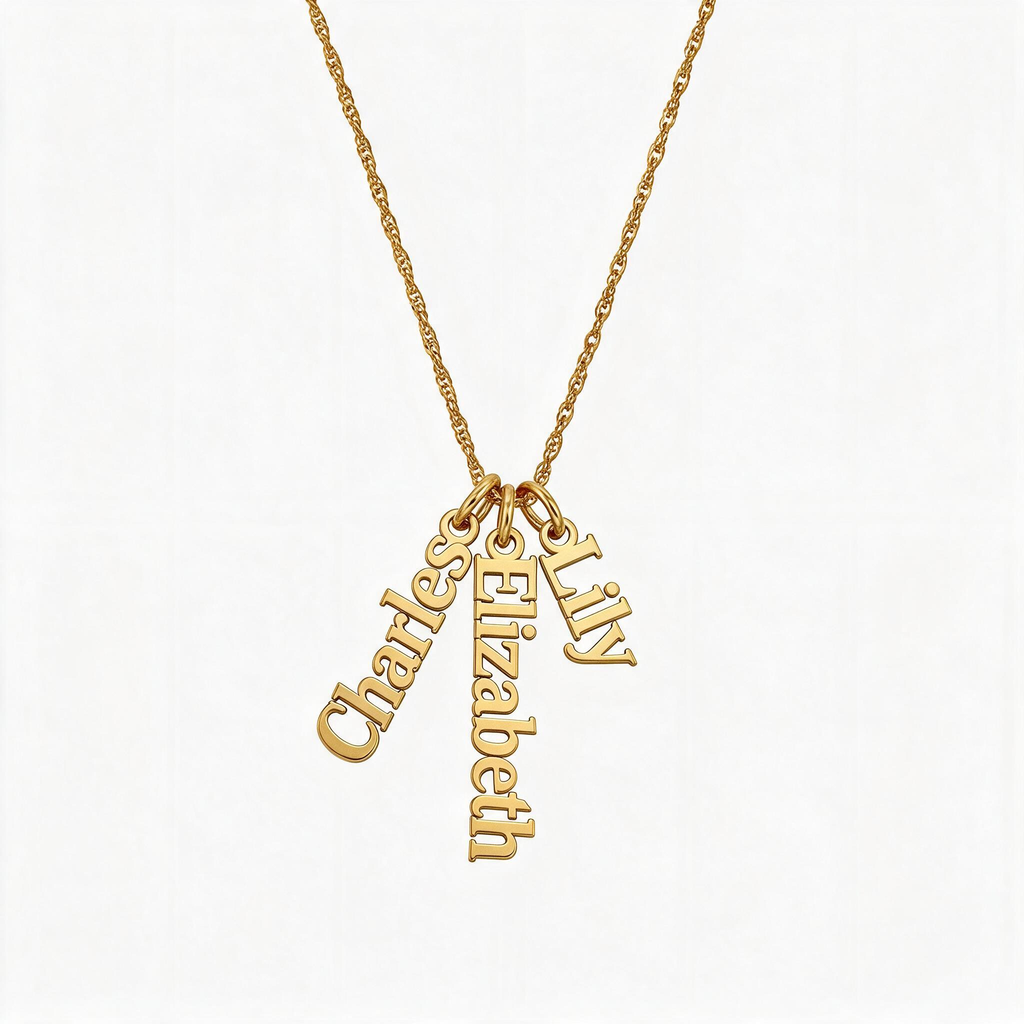 Gold-tone necklace with three separate vertical cutout name charms on a fine chain.