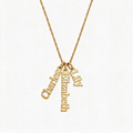 Gold-tone necklace with three separate vertical cutout name charms on a fine chain.