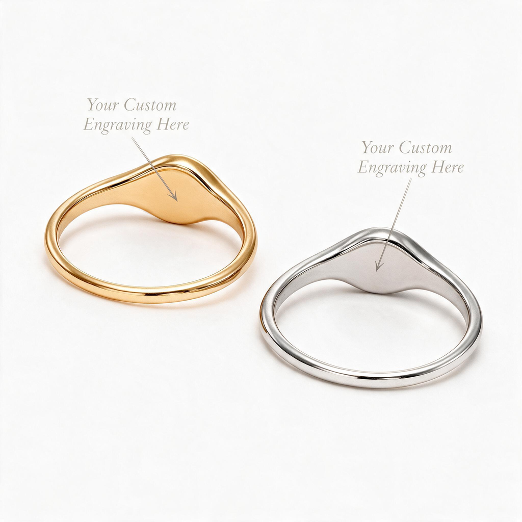 Inside views of gold-tone and silver-tone signet rings showing the areas for custom engraving.