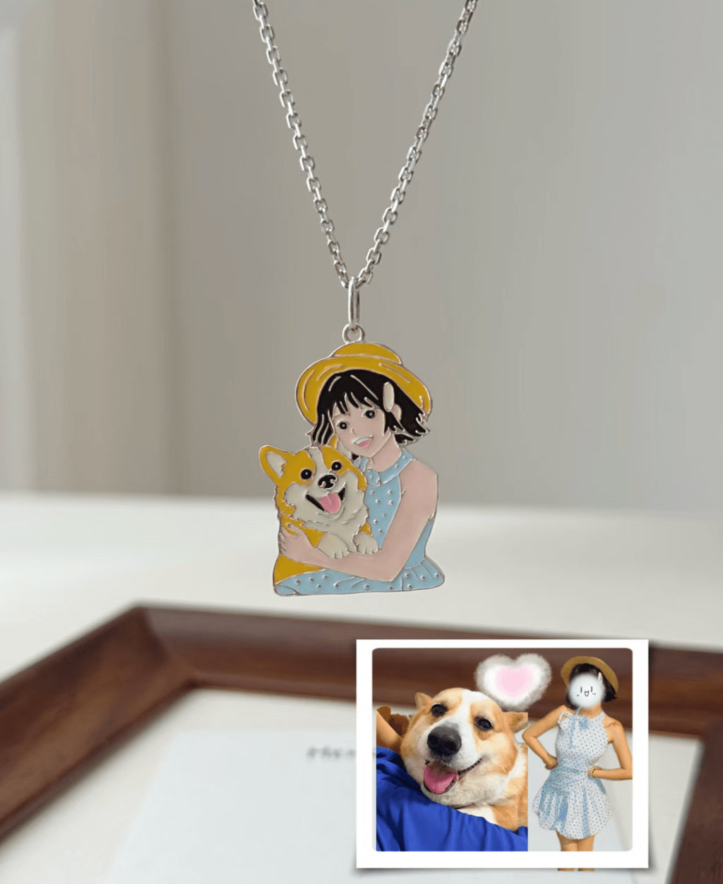 Colorful portrait pendant of a person holding a dog, with the source photo shown below.