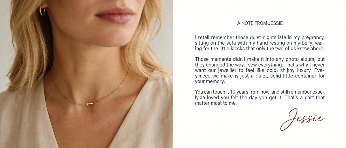 Woman wearing a small gold-tone pendant beside a note from Jessie about memories and motherhood.