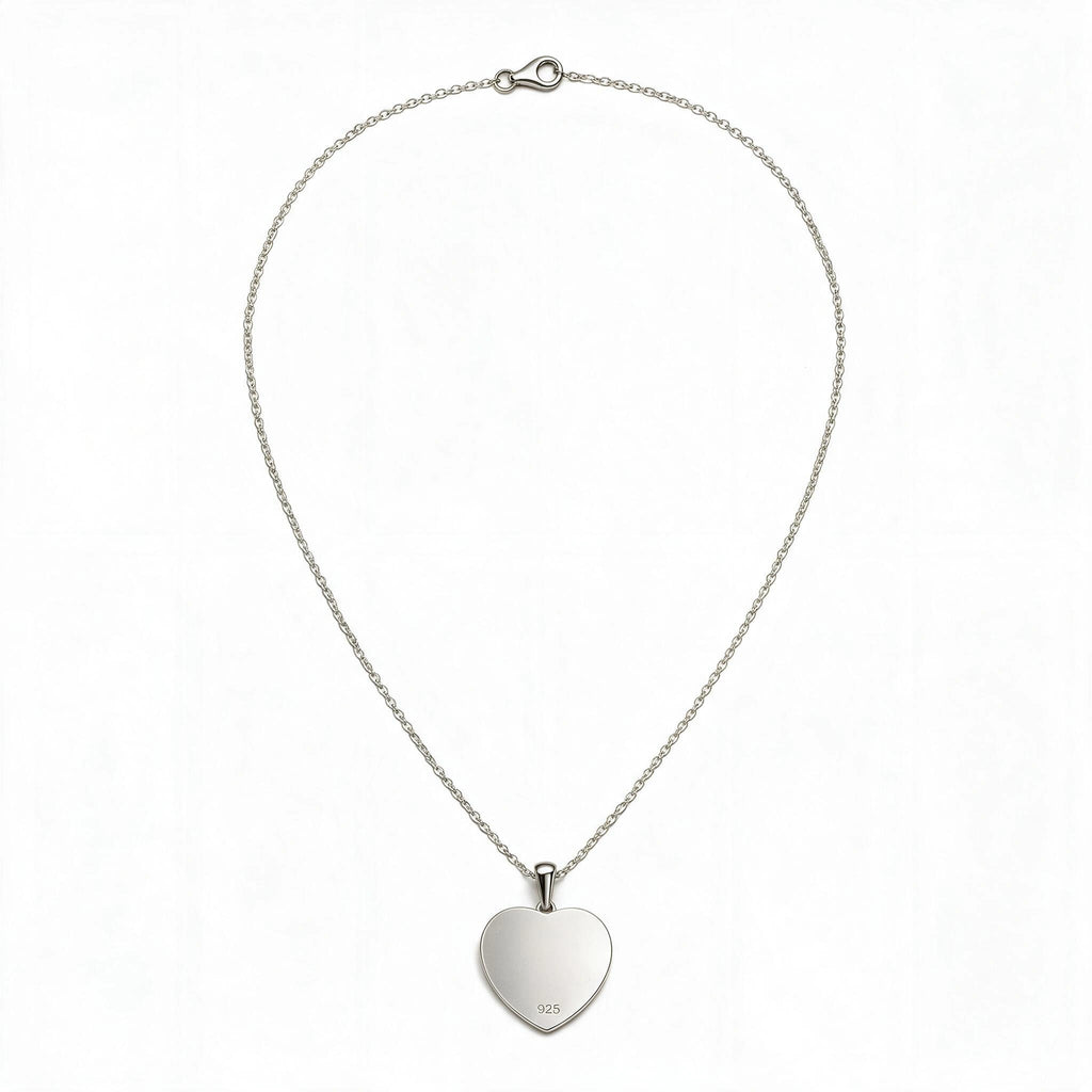 Back view of a silver-tone heart pendant necklace with the full chain and clasp