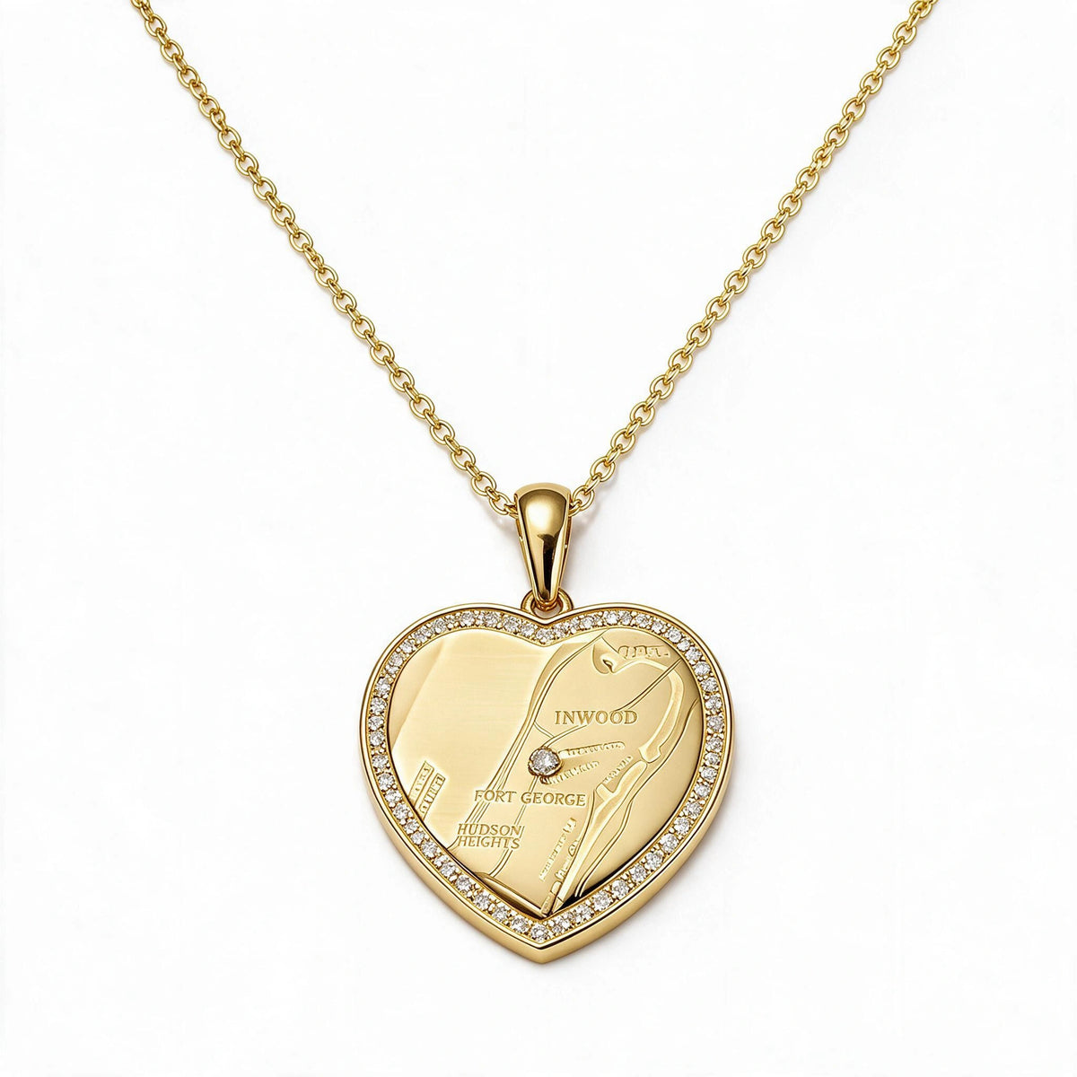 Gold-tone heart pendant necklace with a map design and a sparkling border