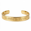 Gold personalized engraved cuff bracelet with custom coordinates