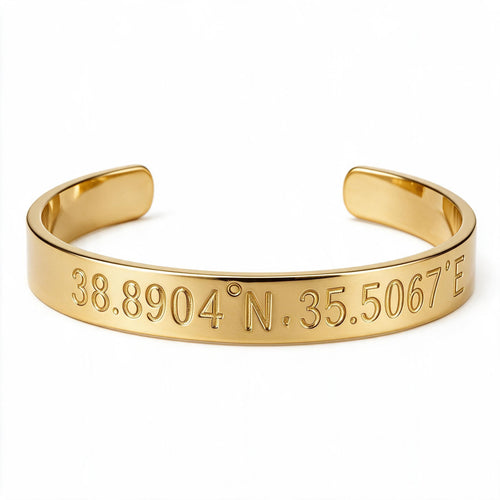 Gold personalized engraved cuff bracelet with custom coordinates