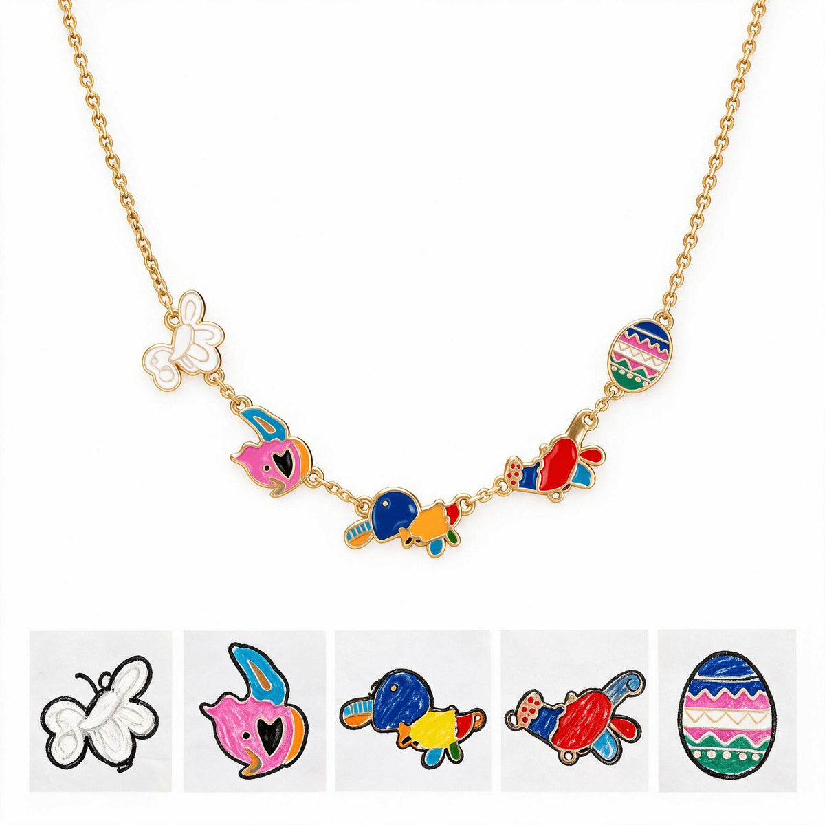 Colorful enamel drawing charms on a gold-tone chain, with five original doodles shown below.